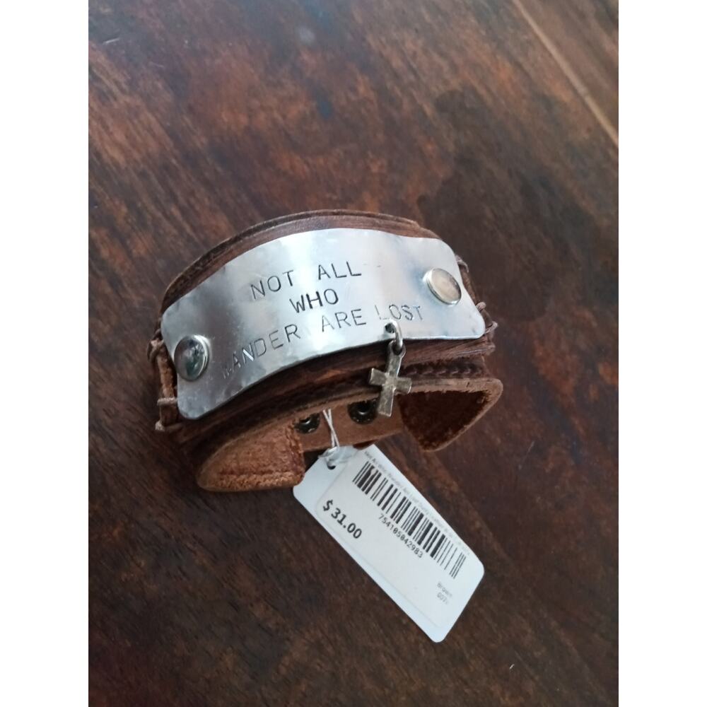 Leather Brown Wide Cuff Snap Bracelet Not All Who Wander Are Lost NWT